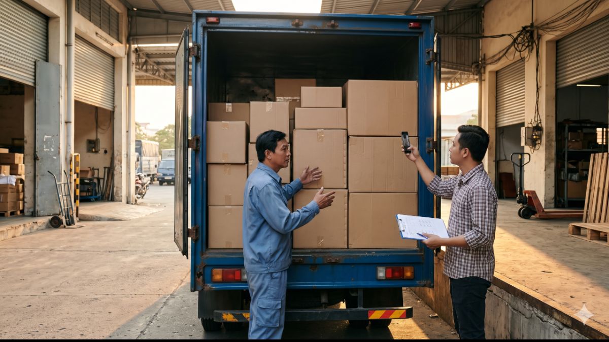 Tài xế và khách đếm kiện khi giao hàng lên xe tải chở hàng